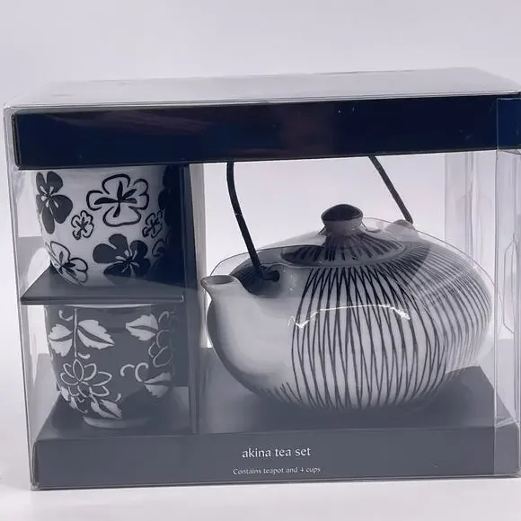 Pier 1 Imports AKINA Tea Pot Four Cup Set Porcelain Black White Pattern NEW - Picture 10 of 10